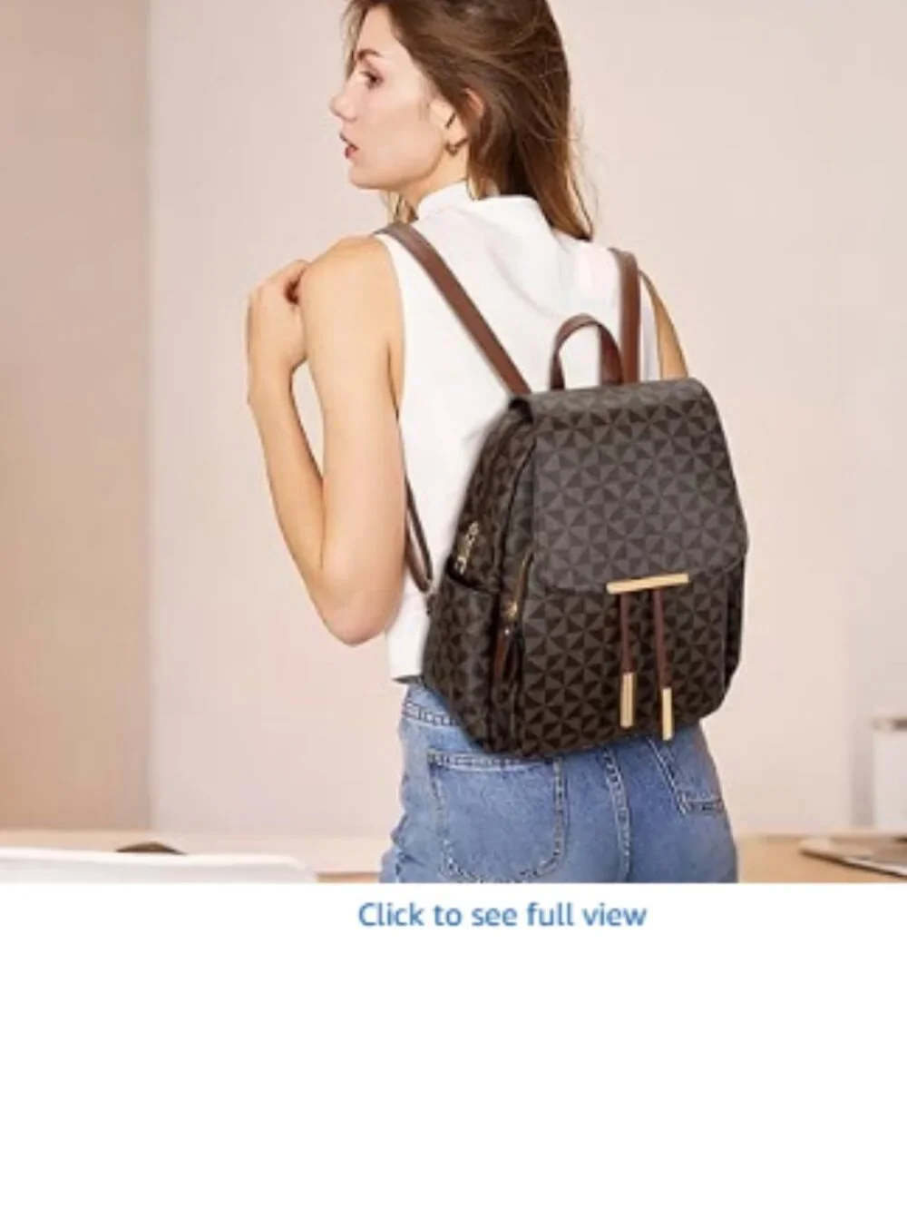 Women's Brown Checkered Leather Backpack Purse Travel Daypack Multi Pocket bag